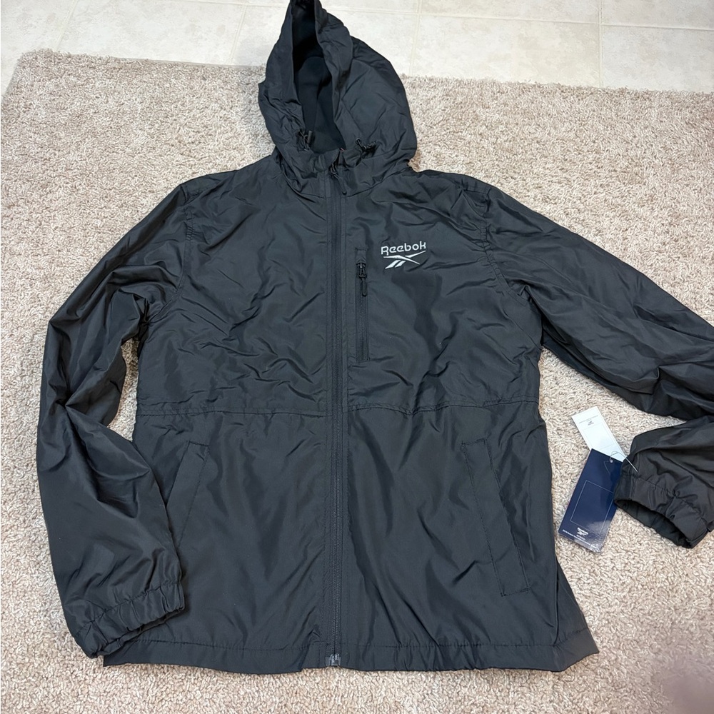 Brand new with tags Reebok Men's Black Hooded Windbreaker Jacket